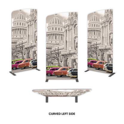 Curved left side trade show display featuring vintage cityscape and classic cars for exhibitions and events