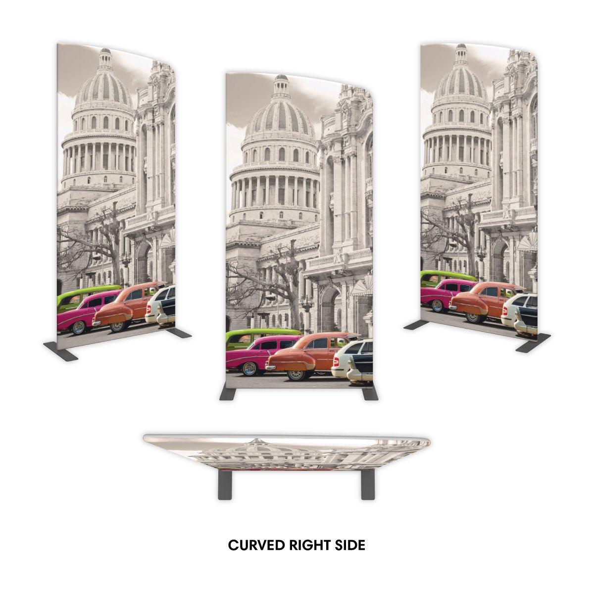 Curved right side fabric display stands featuring classic cityscape image for trade shows and exhibitions