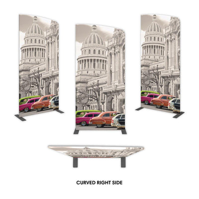 Curved right side fabric display stands featuring classic cityscape image for trade shows and exhibitions