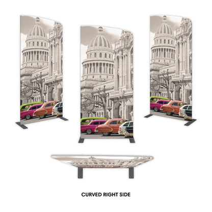 Curved right side fabric display stands featuring classic cityscape image for trade shows and exhibitions