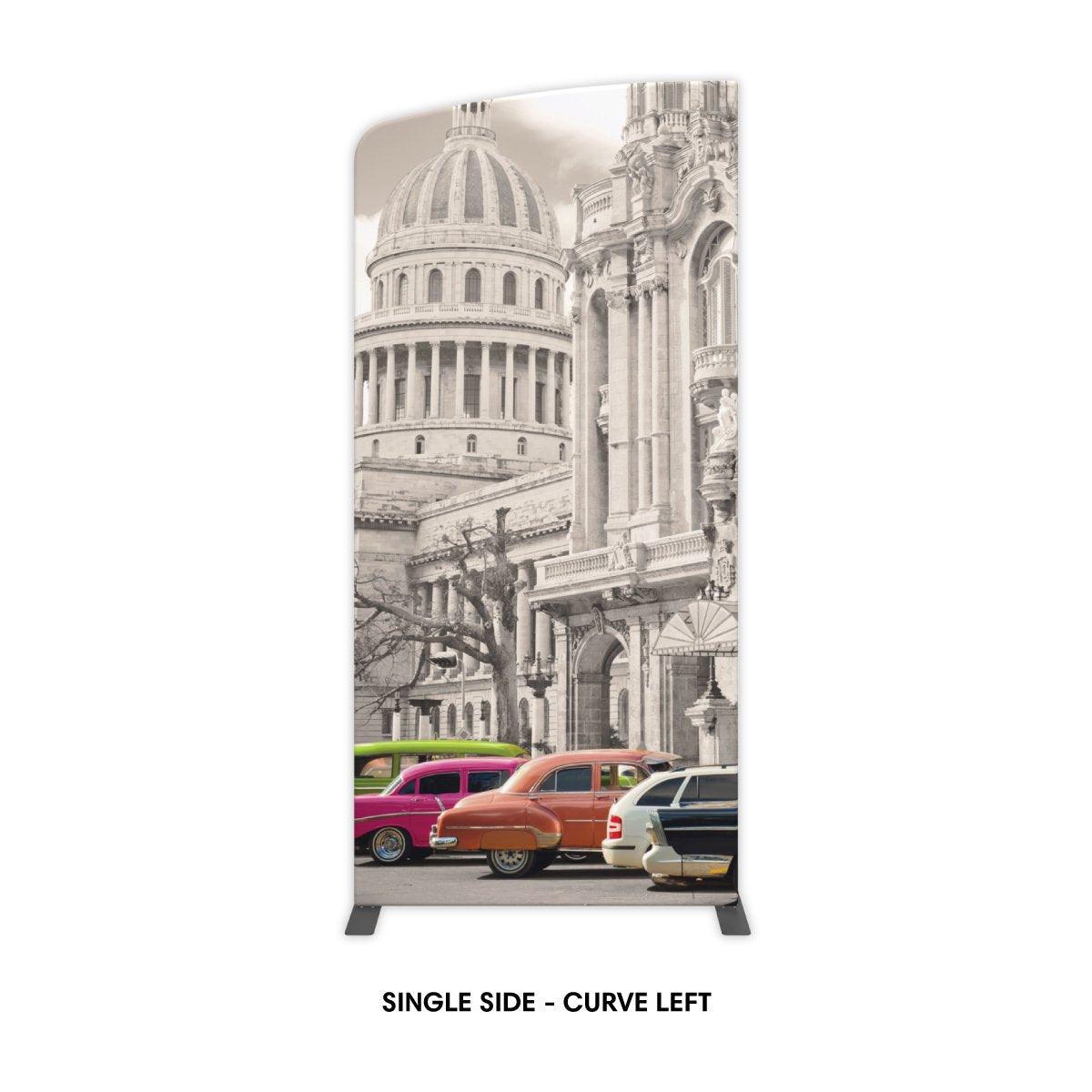 Curved single-side trade show display featuring vintage cars and historic architectural backdrop