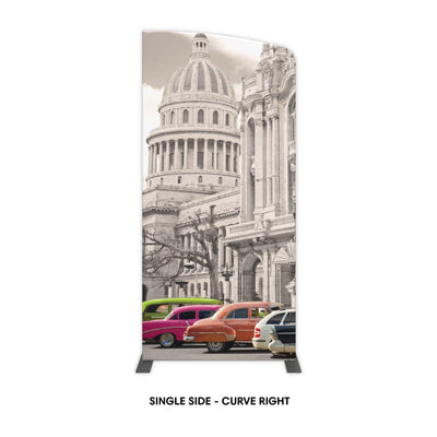 Curved fabric trade show display featuring vintage cars and historic architecture for exhibitions and events