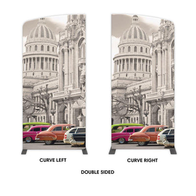 Double-sided curved trade show displays featuring vintage cars and historic building for exhibitions and events