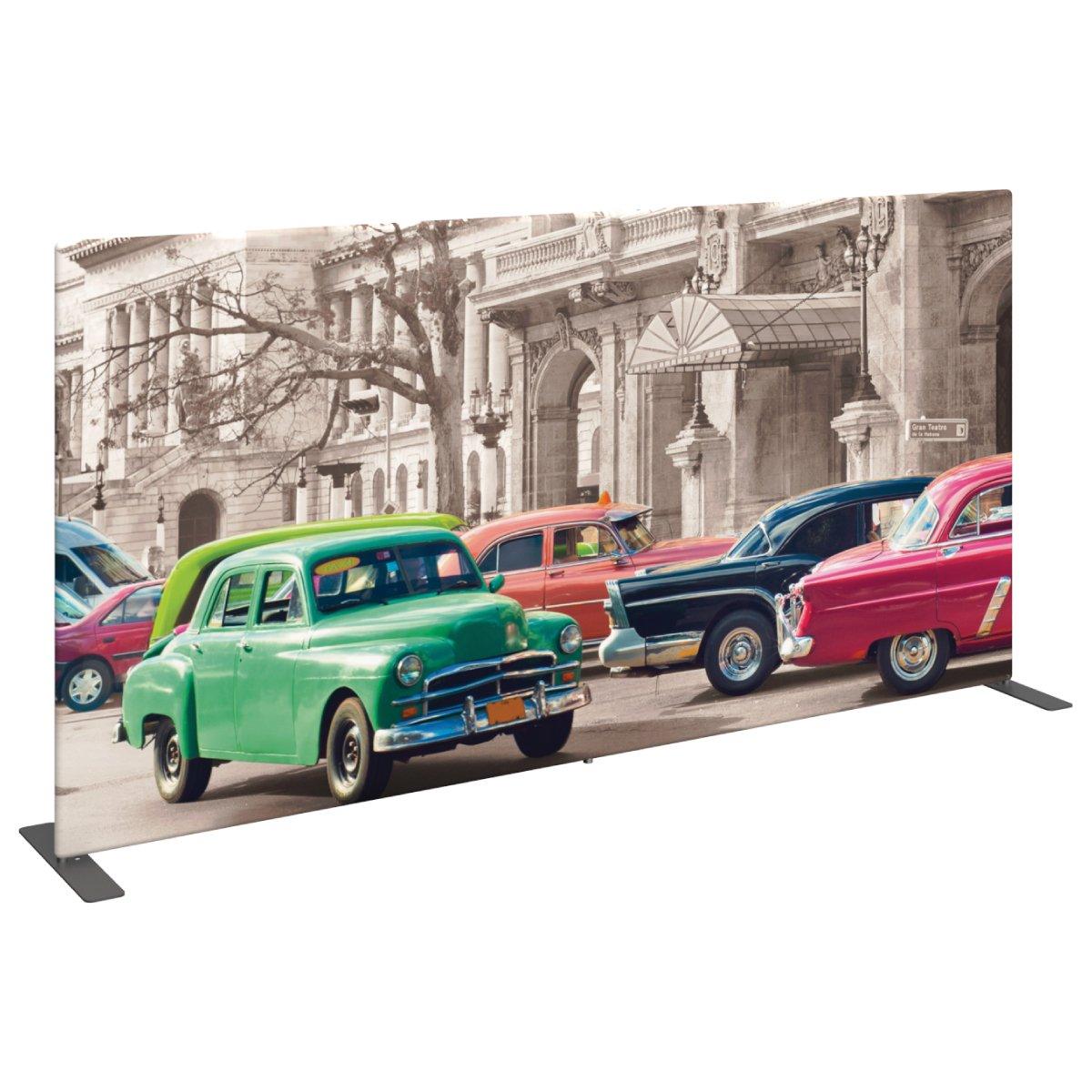 Freestanding trade show display banner featuring vintage cars and classic building for exhibitions and events