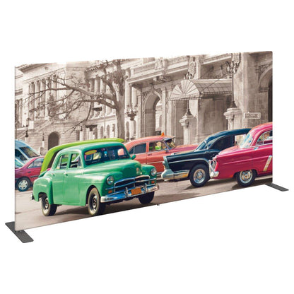 Freestanding trade show display banner featuring vintage cars and classic building for exhibitions and events