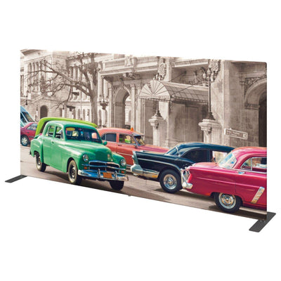 Large trade show backdrop featuring vintage cars and classic architecture for exhibitions and events