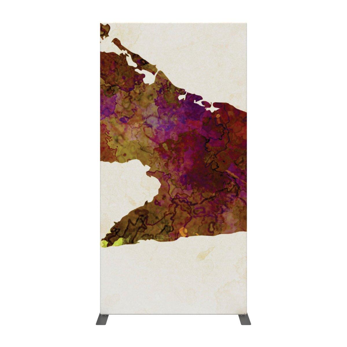 Tall fabric trade show banner stand with colorful abstract design for exhibitions and events
