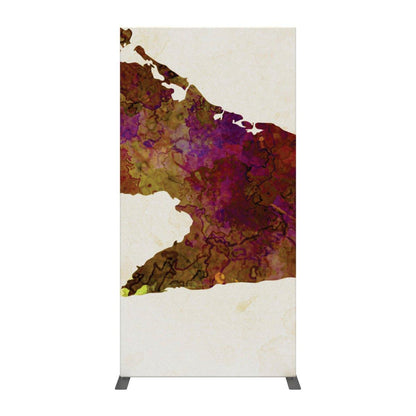 Tall fabric trade show banner stand with colorful abstract design for exhibitions and events