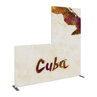 L-shaped trade show display featuring abstract map graphic and Cuba text for exhibitions and events