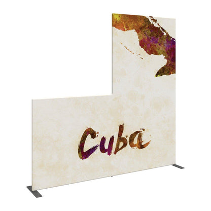 L-shaped trade show display featuring abstract map graphic and Cuba text for exhibitions and events