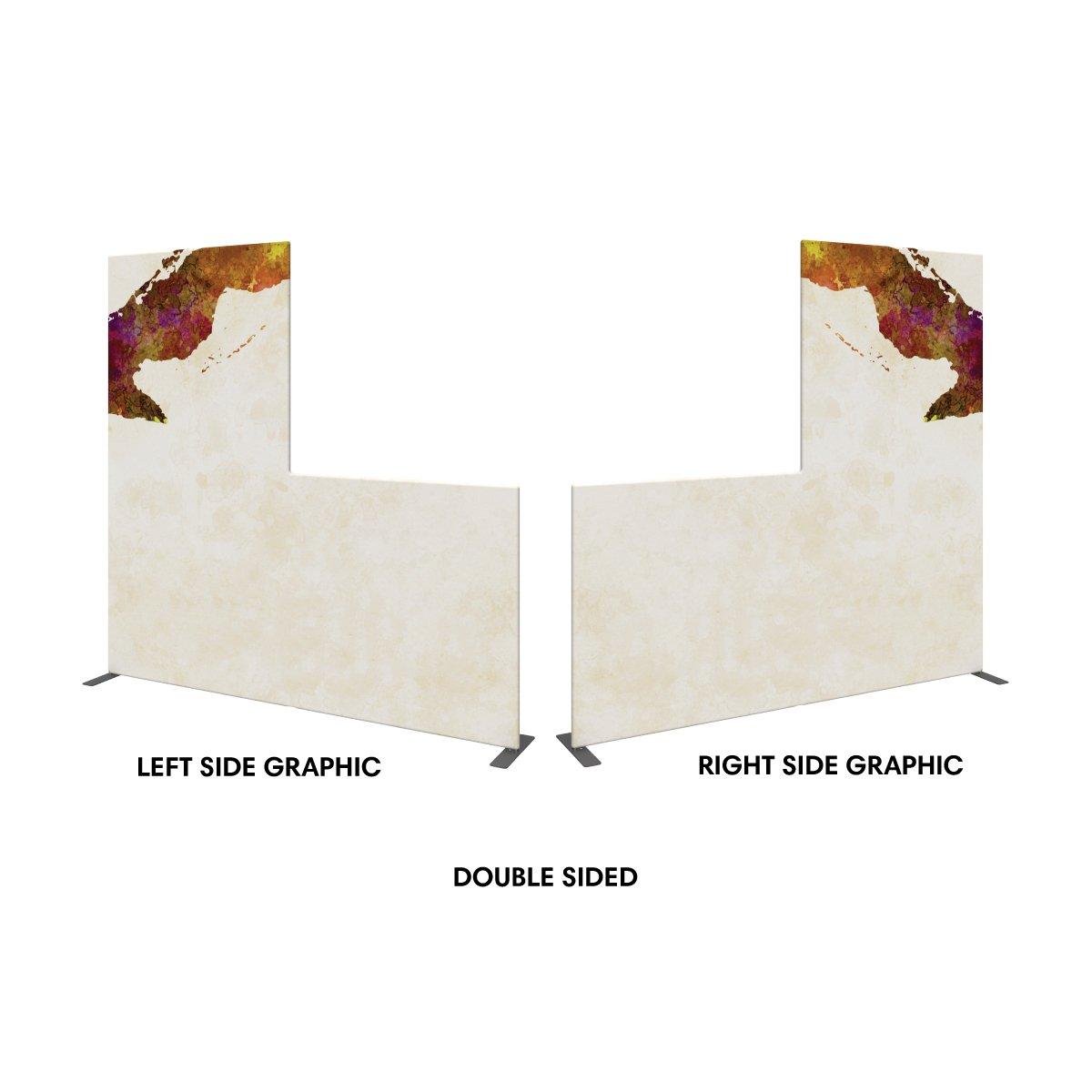 Double-sided curved trade show display panel with abstract corner graphics for exhibitions