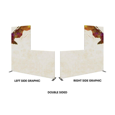 Double-sided curved trade show display panel with abstract corner graphics for exhibitions