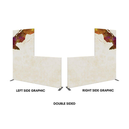 Double-sided curved trade show display panel with abstract corner graphics for exhibitions