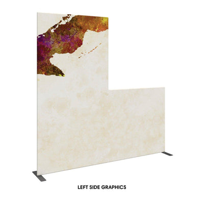 L-shaped trade show backdrop with abstract top corner design for exhibitions and special events