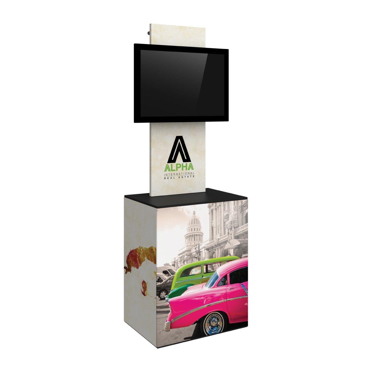 Trade show kiosk with monitor mount and custom graphic panel for exhibitions and special events
