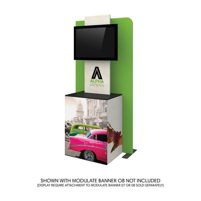 Trade show display stand with monitor, branded panel, and graphic counter for exhibitions and events