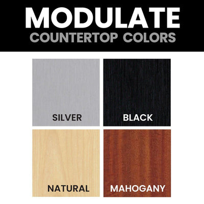 Countertop color options for trade show and exhibition displays including silver, black, natural, and mahogany finishes