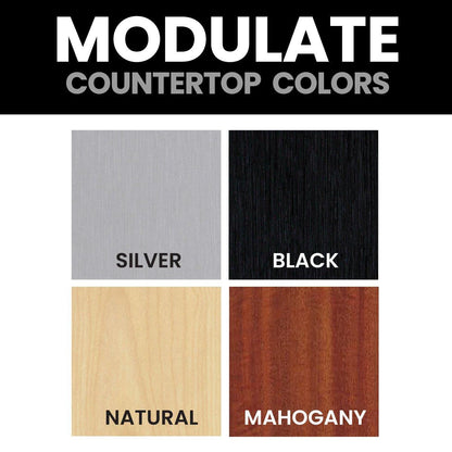 Countertop color options for trade show and exhibition displays including silver, black, natural, and mahogany finishes