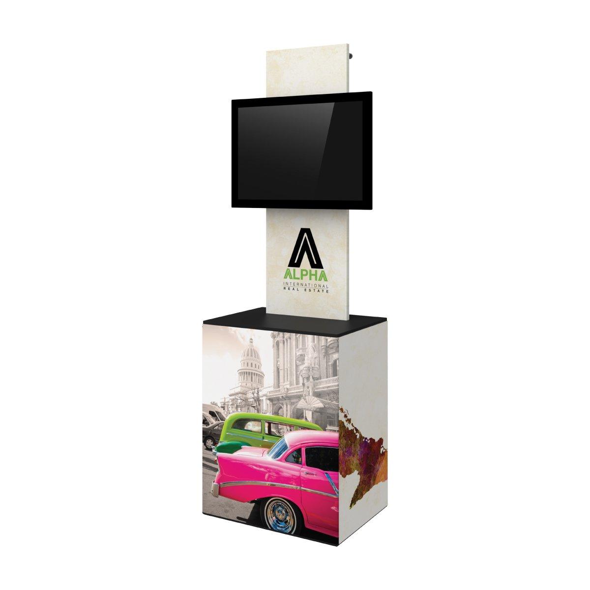 Freestanding trade show display with integrated monitor and graphic-covered base for exhibition use