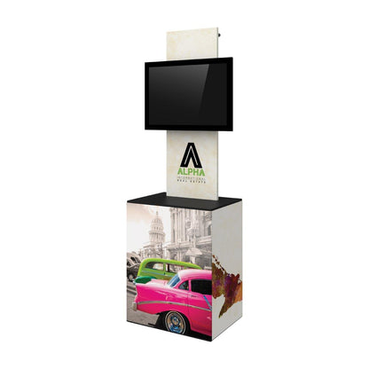 Freestanding trade show display with integrated monitor and graphic-covered base for exhibition use