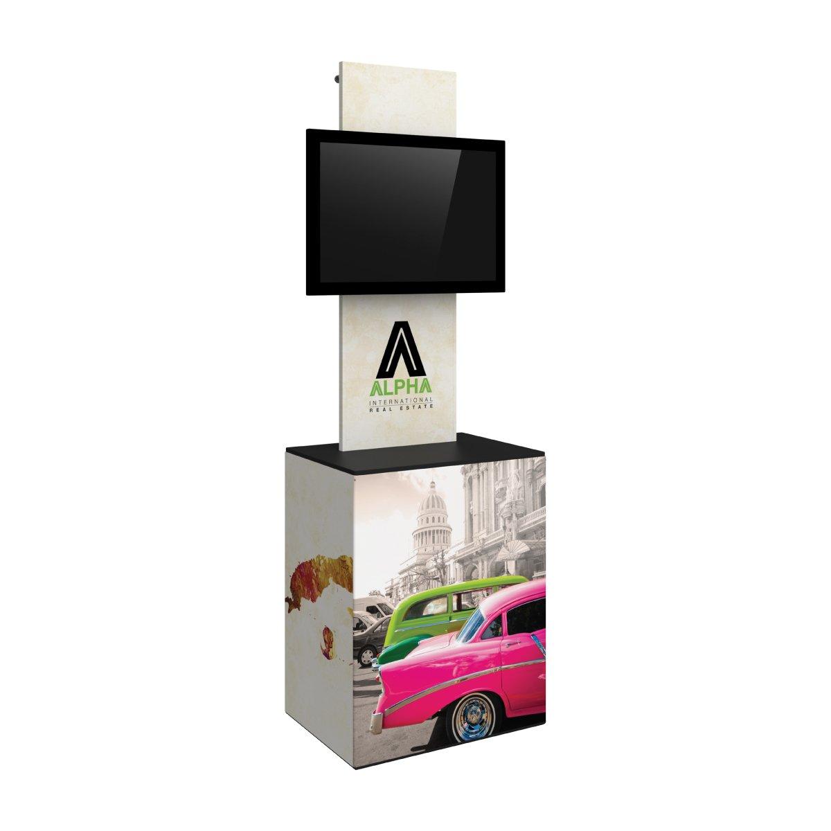Trade show display stand with monitor and branded graphics for exhibitions and special events