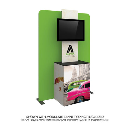 Trade show kiosk with branded display counter and mounted monitor for exhibitions and events