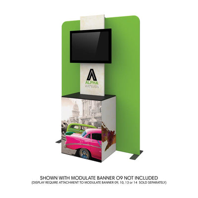 Trade show display with branded counter, vertical panel and multimedia screen for exhibitions and events