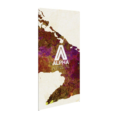 Curved trade show display panel with Alpha International Real Estate branding for exhibitions and events