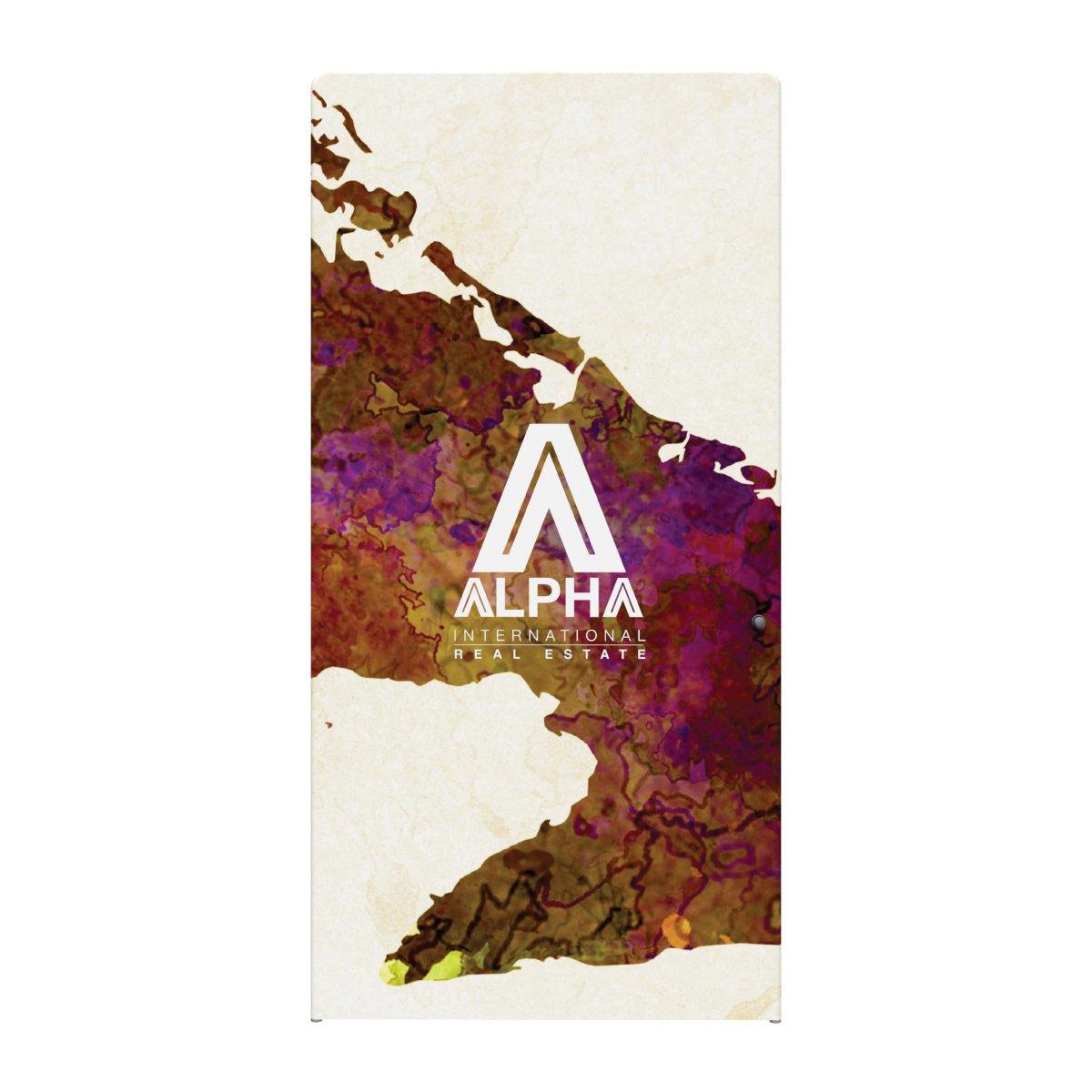Trade show display panel featuring Alpha International Real Estate branding with abstract textured design