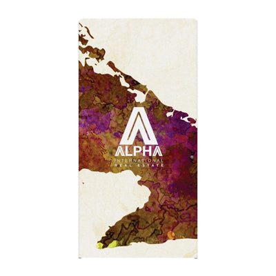 Trade show display panel featuring Alpha International Real Estate branding with abstract textured design