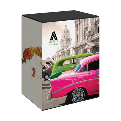 Trade show display cube featuring classic cars and cityscape for exhibitions and events