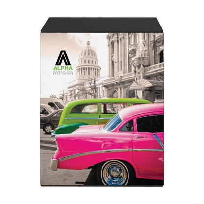 Trade show counter featuring vintage cars and historic building backdrop for exhibitions and events