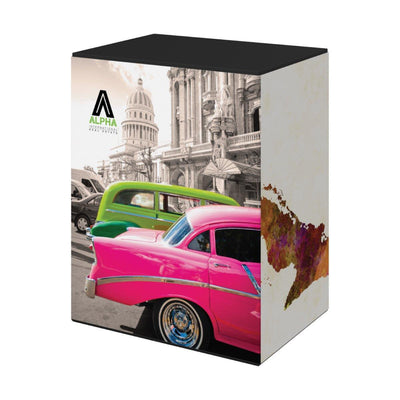 Trade show counter with vibrant vintage car graphics and historic building backdrop for exhibitions