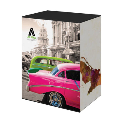 Trade show counter with vibrant vintage car graphics and historic building backdrop for exhibitions