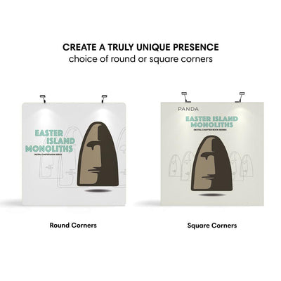 Trade show fabric display panels with Easter Island monolith graphics, featuring round and square corner options
