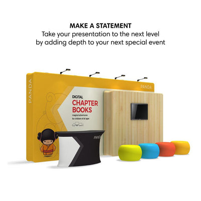 10ft x 10ft tension fabric trade show display with branded counter, TV screen, and seating for exhibitions and events