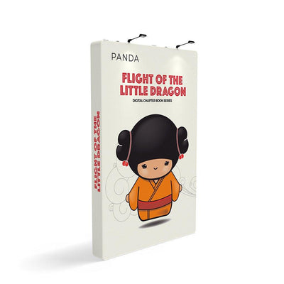 Tall tension fabric trade show display featuring cartoon character and book series branding for exhibitions