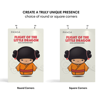 Trade show fabric display panels with choice of round or square corners featuring digital book series graphics