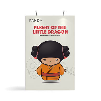 Tension fabric trade show display featuring digital chapter book promotion with cartoon character