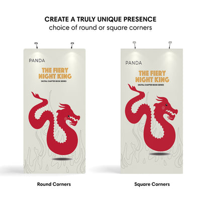 Trade show fabric displays with round and square corners featuring dragon graphic for exhibitions