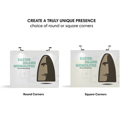 Trade show tension fabric displays with round and square corner options featuring Easter Island monolith design