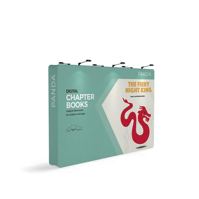 Large tension fabric display for trade shows featuring digital chapter books promotional graphics
