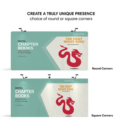 large trade show fabric display featuring book series graphics with choice of round or square corners for exhibitions