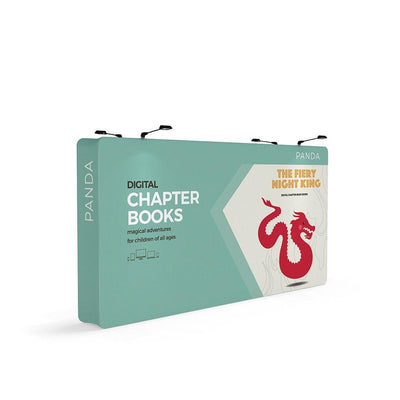 Large tension fabric trade show display with digital chapter books branding and dragon graphic for exhibitions