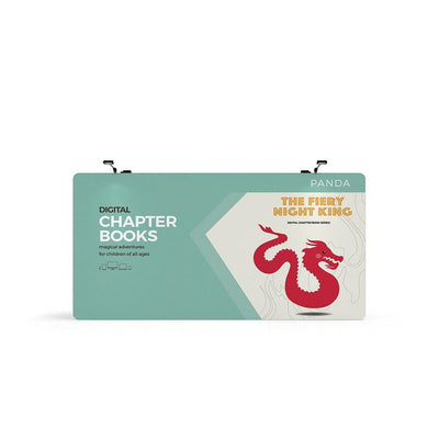Tension fabric trade show display with digital chapter books promotion featuring a dragon graphic