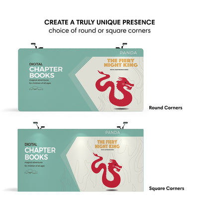 Large tension fabric trade show displays for exhibitions featuring digital chapter books with dragon graphic
