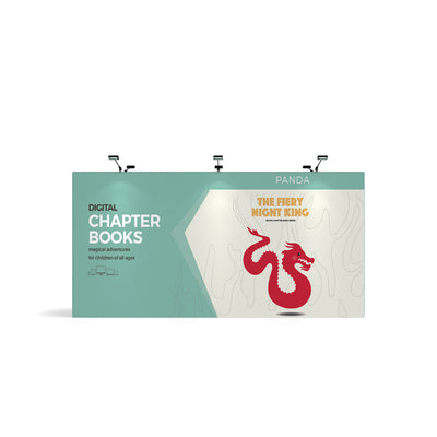 Trade show fabric display booth featuring digital chapter books promotion with dragon graphic