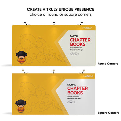 Tension fabric trade show displays with customizable rounded or square corners for exhibitions and events