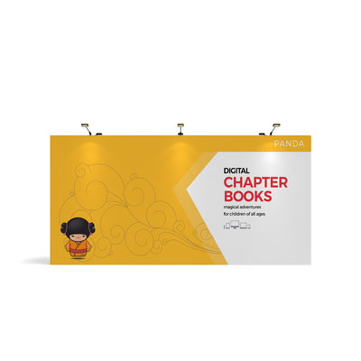 Large tension fabric trade show display with digital chapter books branding and cartoon character