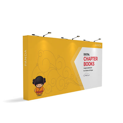 Large tension fabric trade show display with character art and digital chapter book promotion